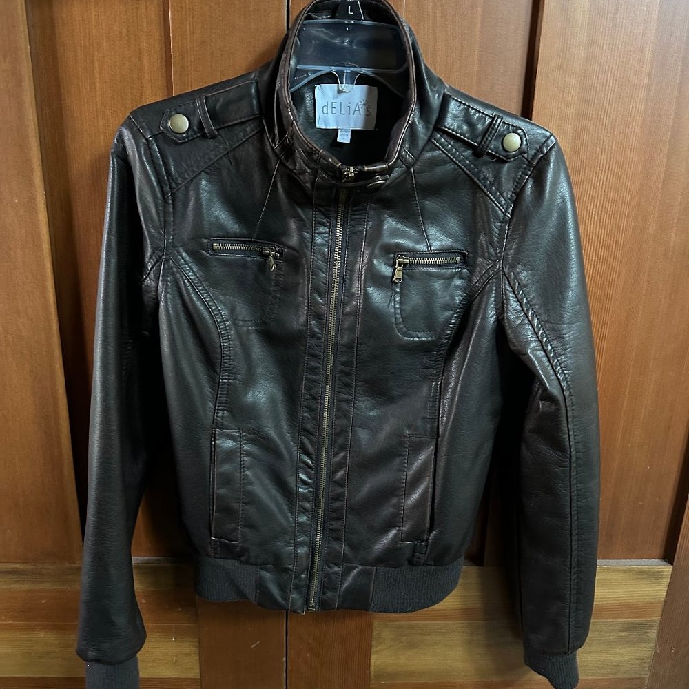 dELIA*s Vintage Faux Leather Bomber Jacket, Size S, Brown